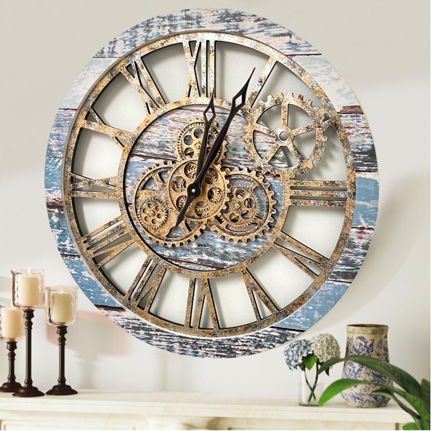 The Gears Clock Wall Clock 24" Round Oversized for Living Room decor with Real Moving Gears America Collection