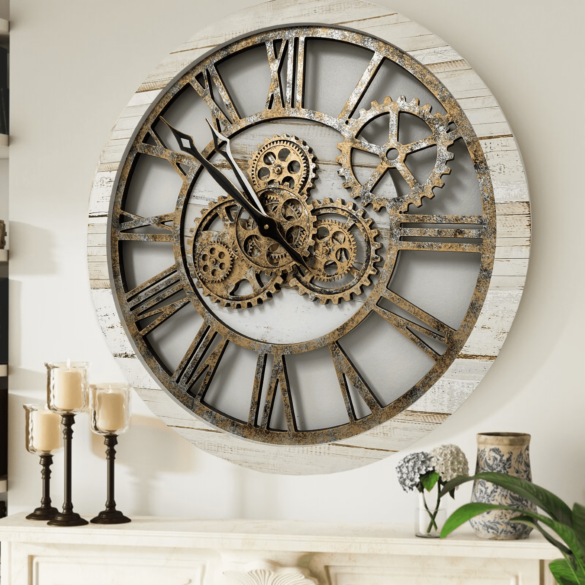The Gears Clock Wall Clock 24" Round Oversized for Living Room decor with Real Moving Gears America Collection