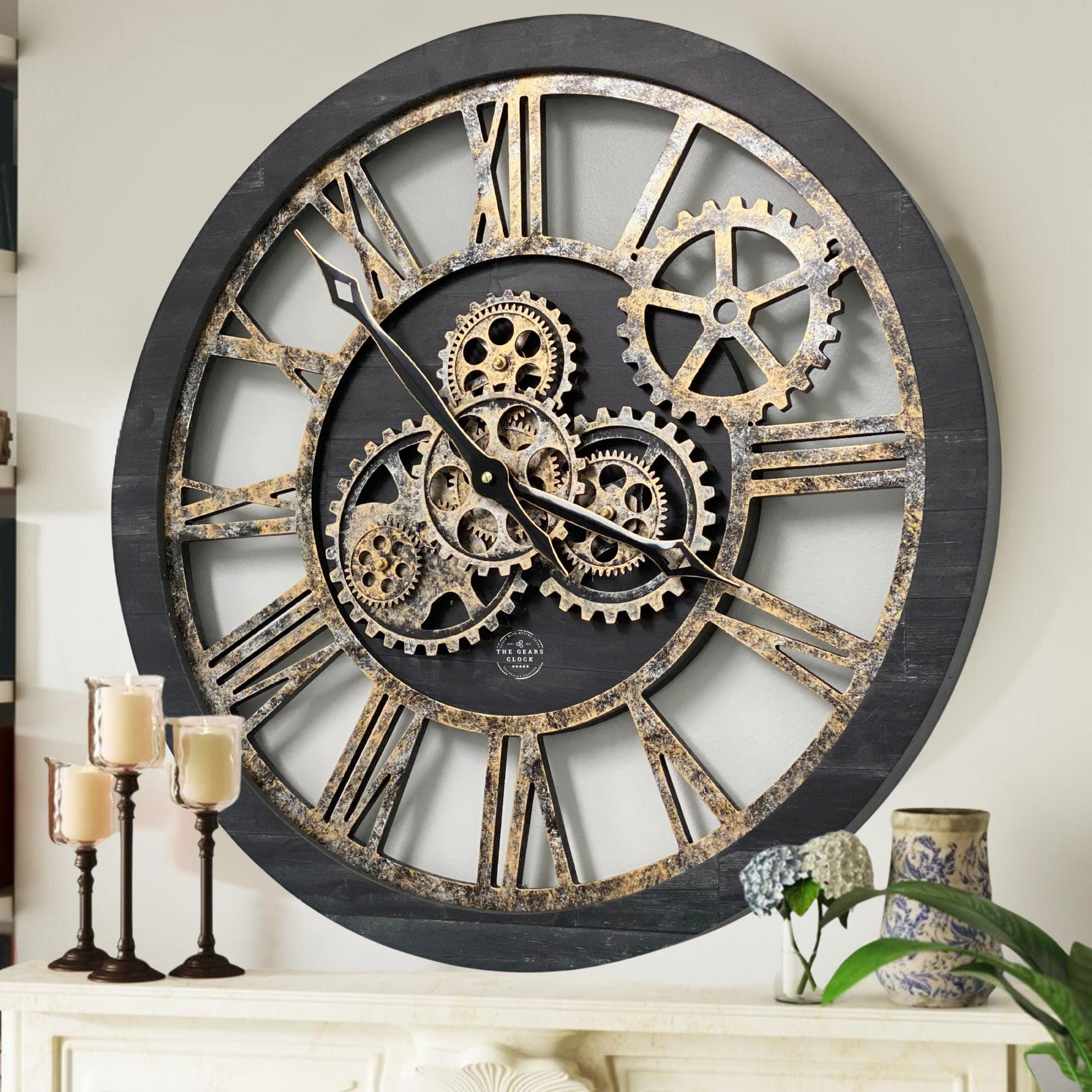 The Gears Clock Wall Clock 24" Round Oversized for Living Room decor with Real Moving Gears America Collection
