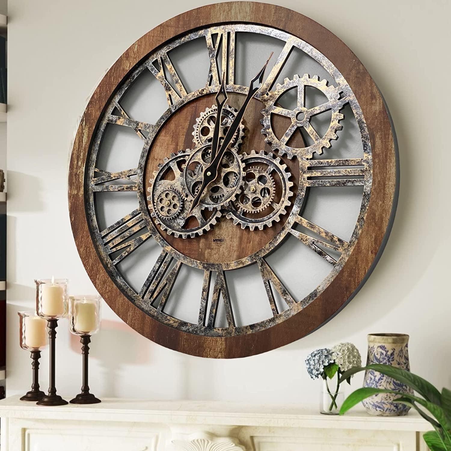 Wall Clock 24" Round Oversized for Living Room decor with Real Moving Gears America Collection