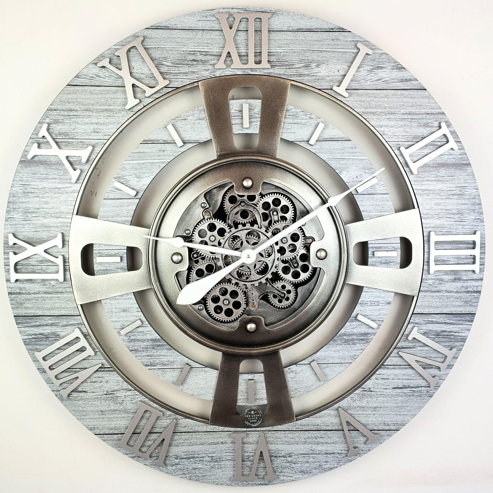 Oversized Silver Grey Wall Clock with Real Moving Gears