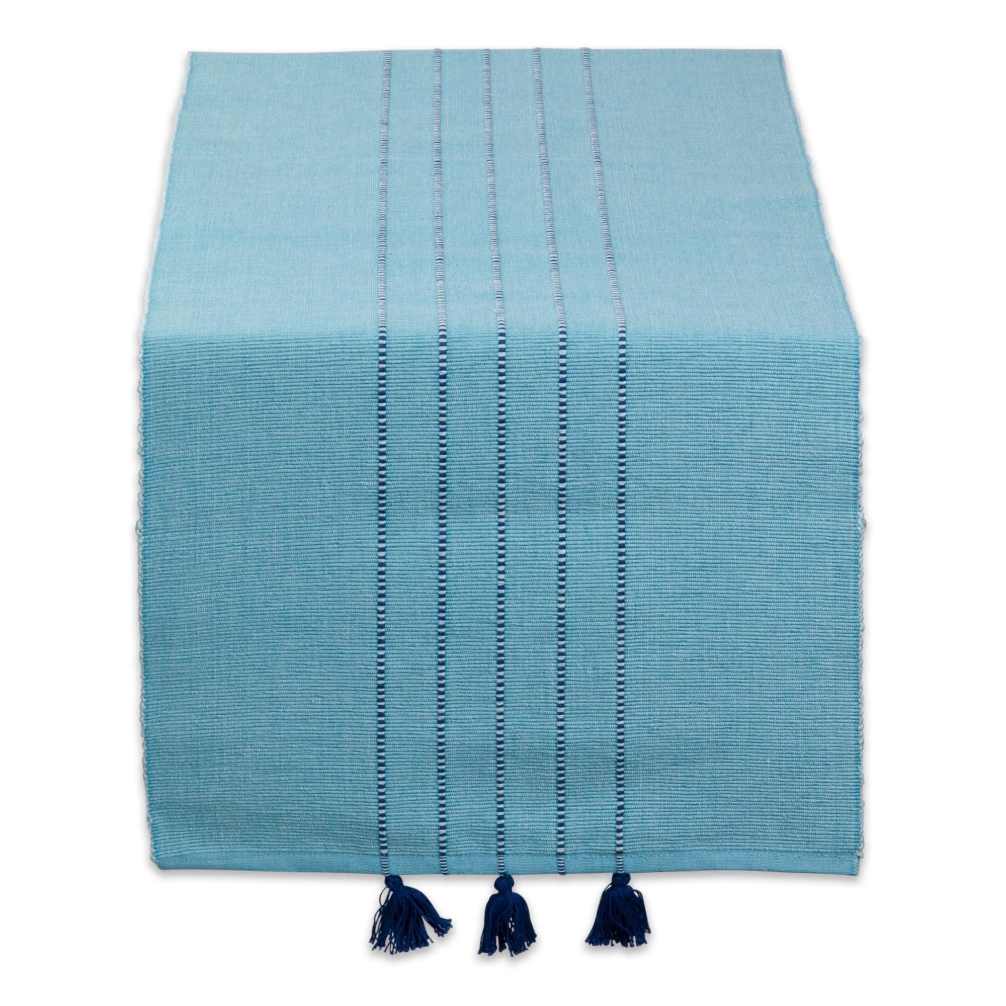 Thera Blue Cotton Striped Table Runner with Tassels, 14x72