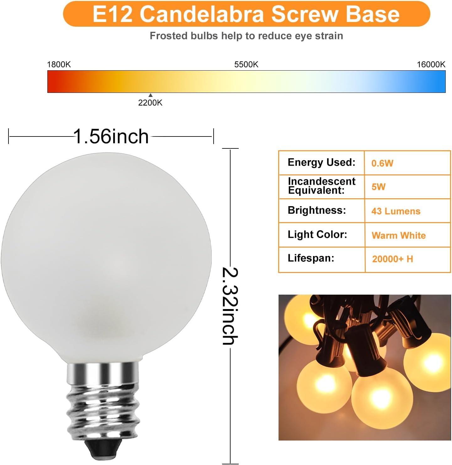 Novelty Lights Frosted White G40 Globe Hanging Outdoor String Light Replacement Bulbs E12 Candelabra Base 5 Watt
