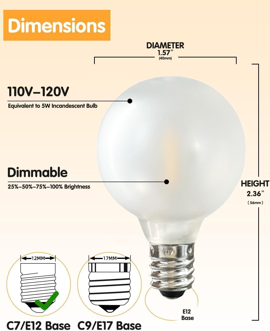 Novelty Lights Frosted White G40 Globe Hanging Outdoor String Light Replacement Bulbs E12 Candelabra Base 5 Watt