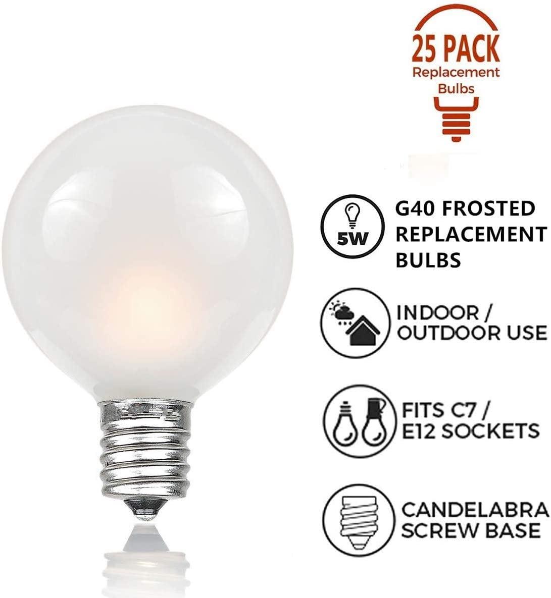 Novelty Lights Frosted White G40 Globe Hanging Outdoor String Light Replacement Bulbs E12 Candelabra Base 5 Watt