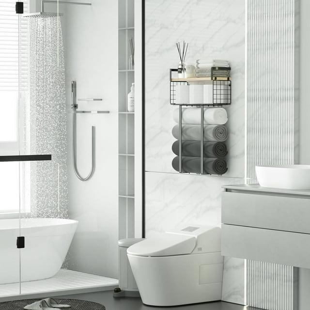 Towel Racks For Bathroom, Metal Towel Holder With Storage Basket,Wall Towel Rack For Rolled Towels, Towel Storage For Small Bathroom,Bathroom Shelves