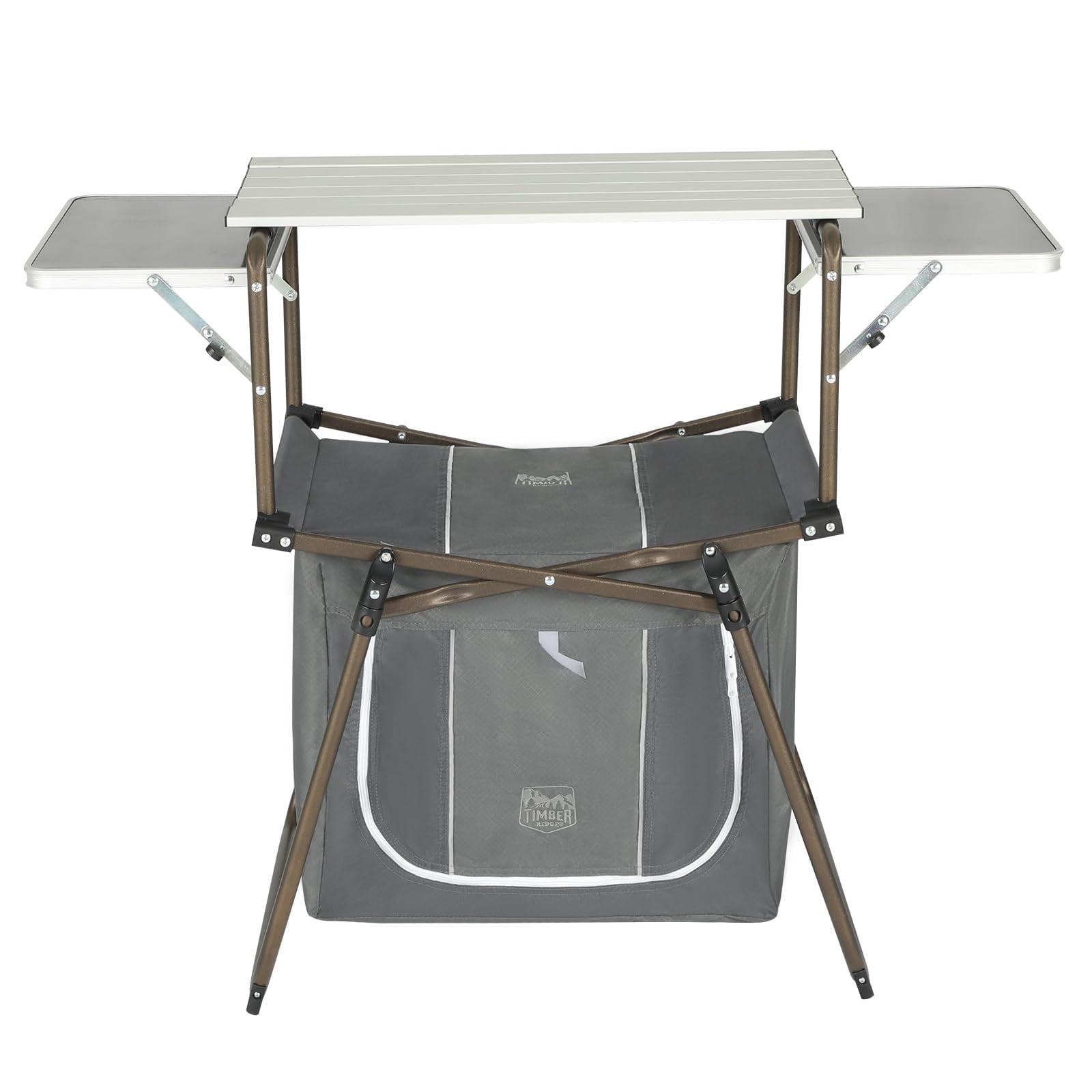 TIMBER RIDGE Folding Camping Kitchen Table – Lightweight Aluminum Cook Station with Storage & Carry Bag, Portable BBQ Grill Table, Gray.