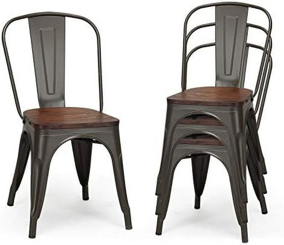 Set of 4 Vintage High-Back Metal Side Chairs with Wood Seat - Black