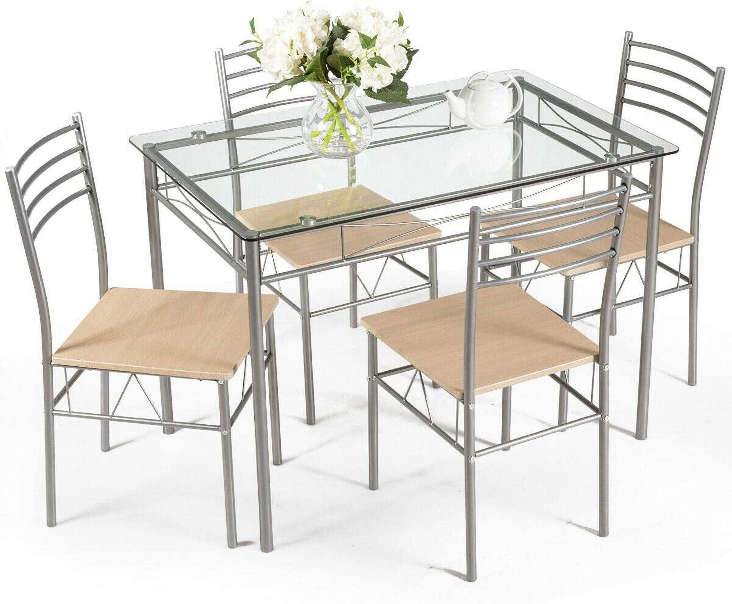 Modern Light Brown Glass Top Dining Set with 4 Chairs