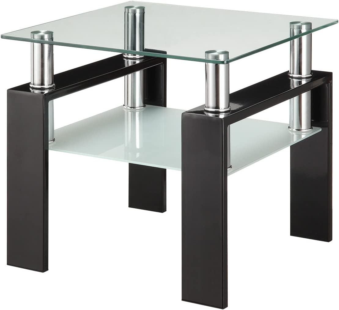 Contemporary High-Gloss Black Metal and Frosted Glass Square End Table