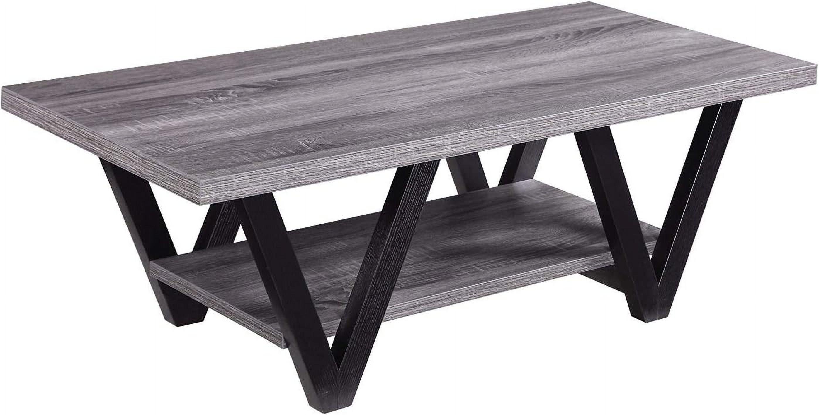 Retro Zigzag Wooden Coffee Table with Bottom Shelf in Weathered Grey and Black