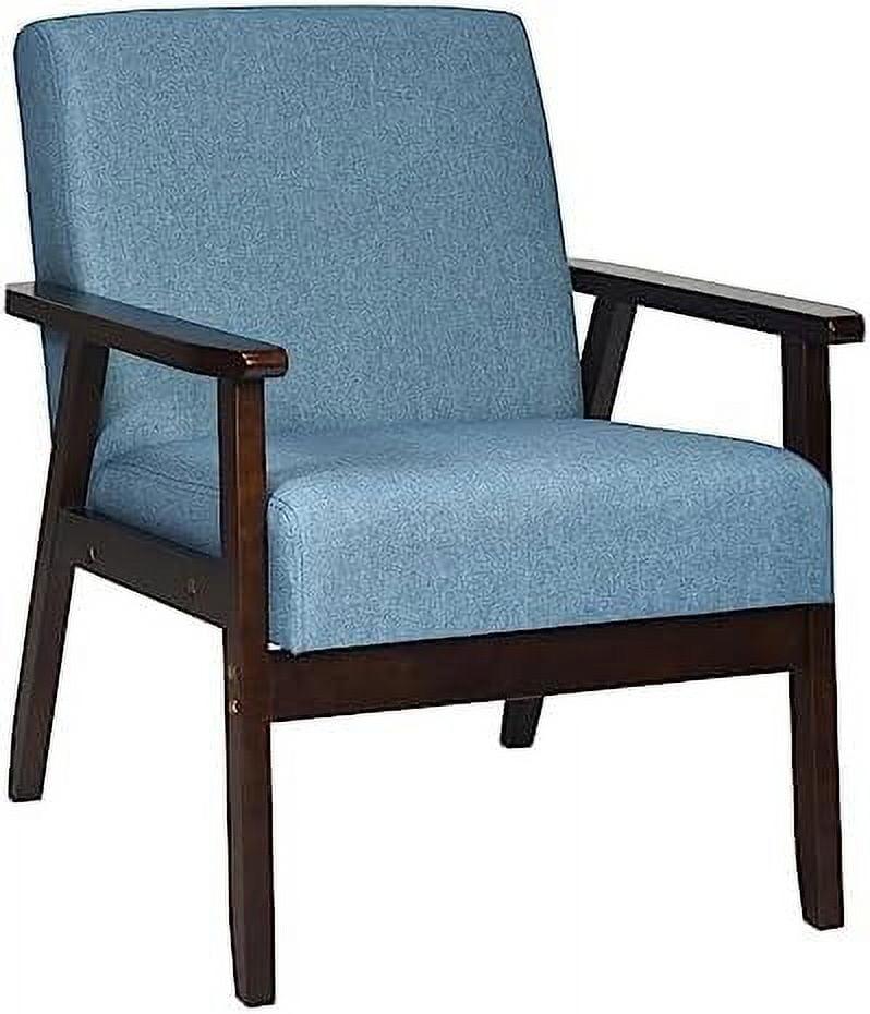 Blue Linen and Rubber Wood Mid-Century Modern Accent Chair