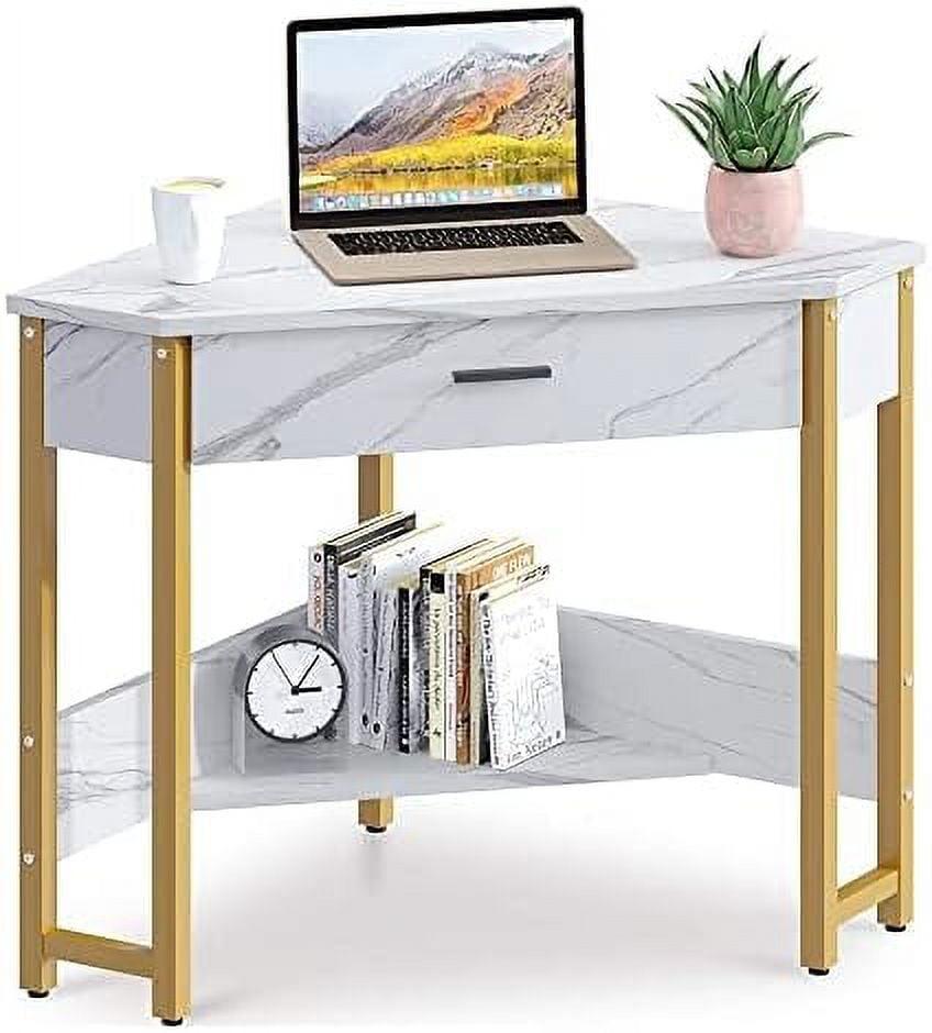 Sleek Black Wood Triangle Corner Desk with Large Drawer & Storage Shelves