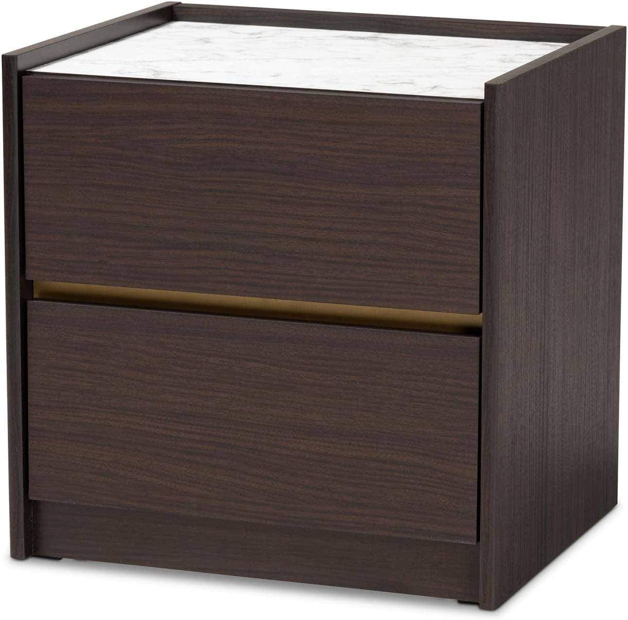 Walker Dark Brown and Gold Wood Nightstand with Faux Marble Top