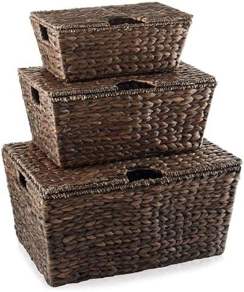 Casafield Set of 3 Water Hyacinth Storage Baskets with Lids - Small, Medium, Large - Decorative Bins for Bathroom, Closets, Laundry, Shelves