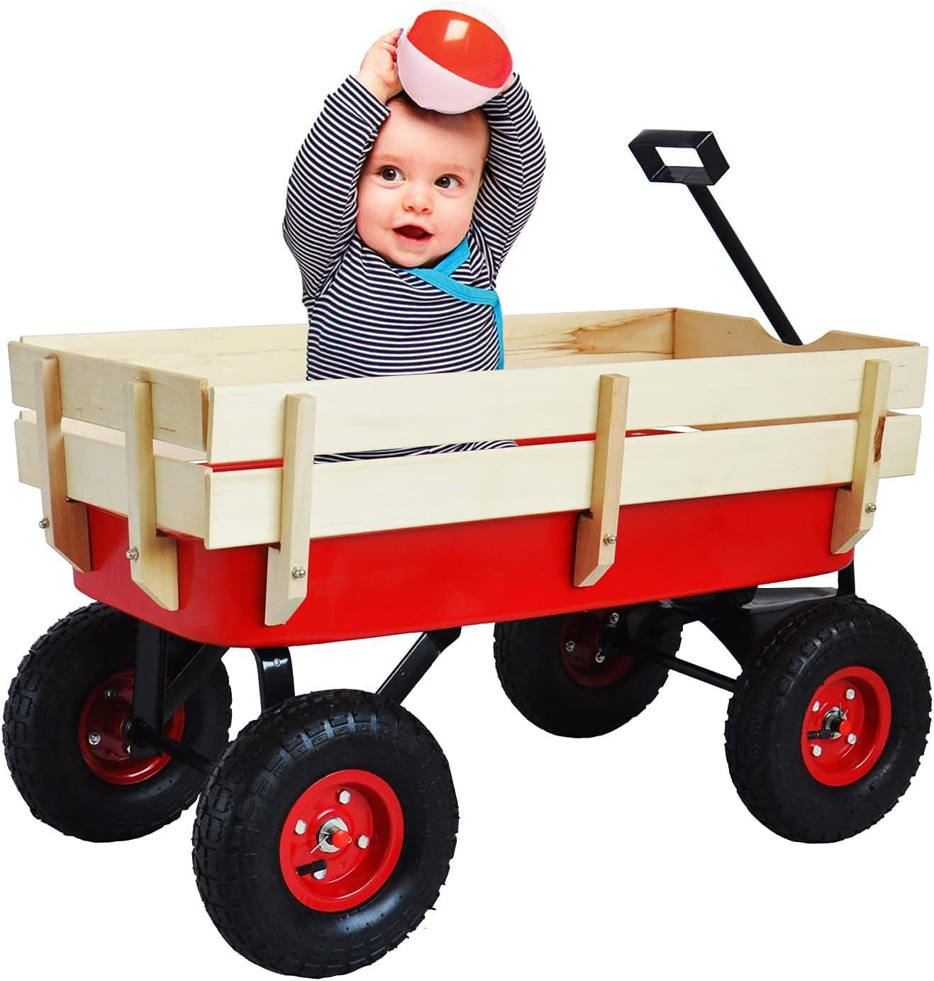 Red Steel and Wood Foldable Outdoor Wagon with Pneumatic Tires