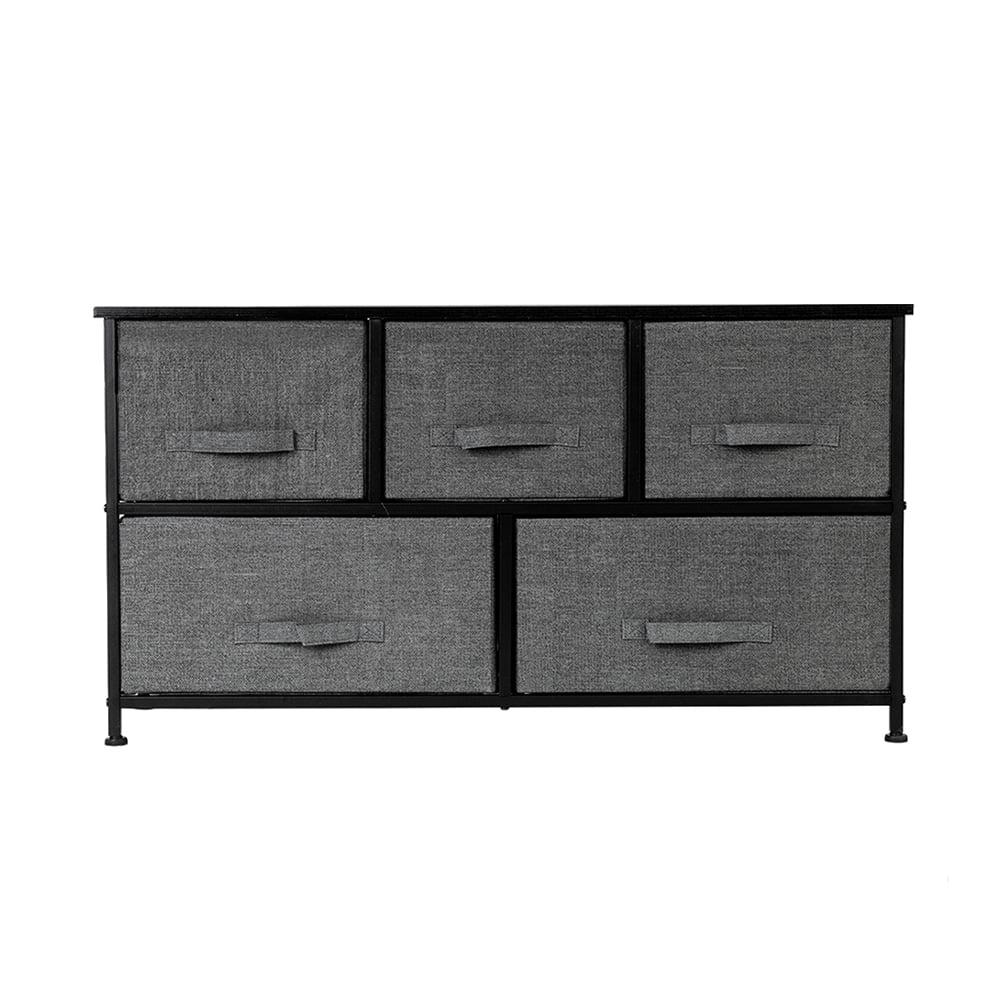 Flash Furniture 5 Drawer Wood Top Black Cast Iron Frame Vertical Storage Dresser with Dark Gray Easy Pull Fabric Drawers
