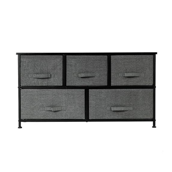 Flash Furniture 5 Drawer Wood Top Black Cast Iron Frame Vertical Storage Dresser with Dark Gray Easy Pull Fabric Drawers