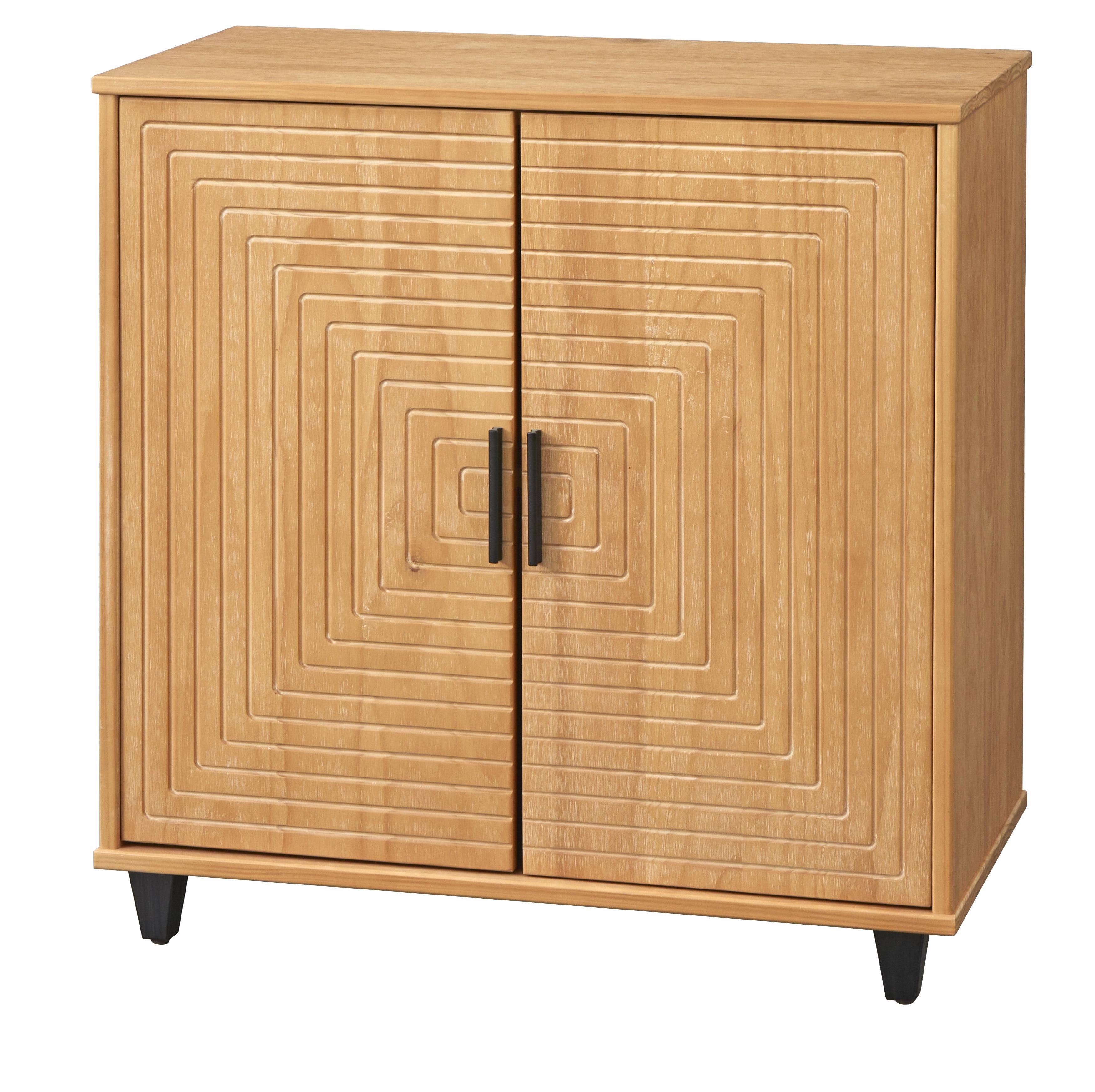 Natural Pine Geometric 2-Door Cabinet with Black Handles