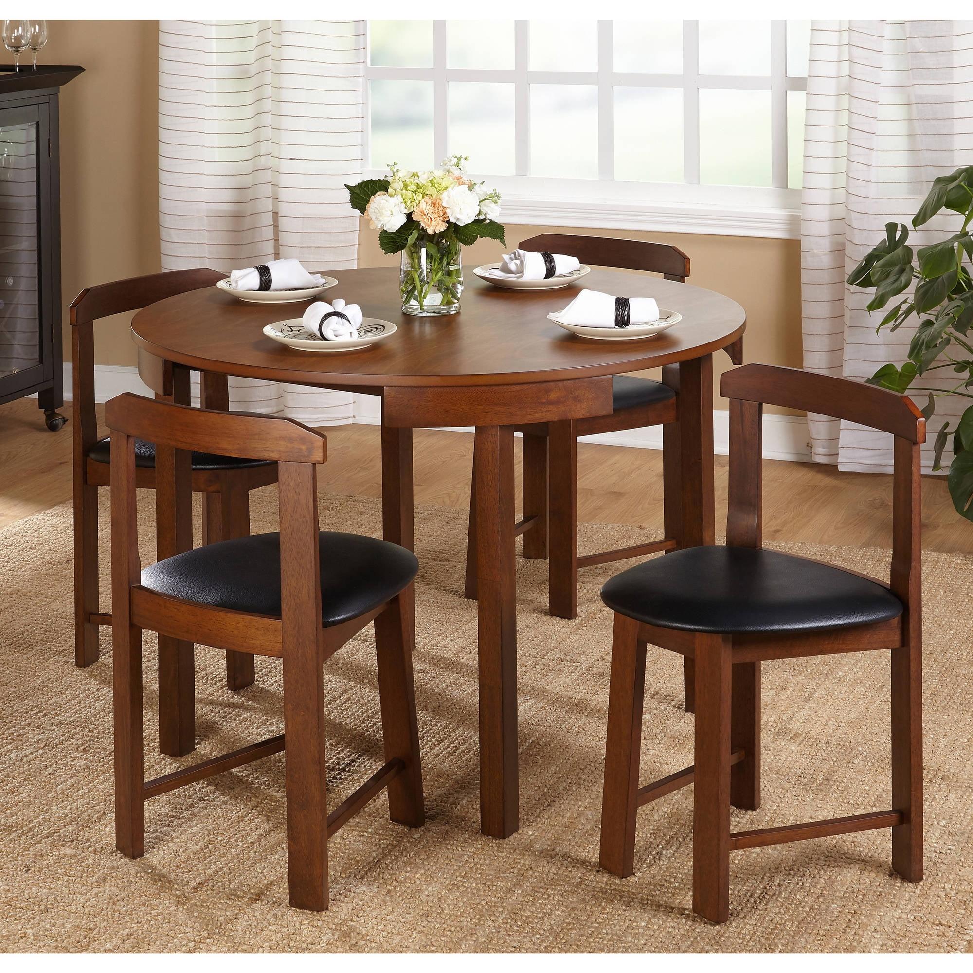 Walnut Round Table with 4 Black Faux Leather Chairs