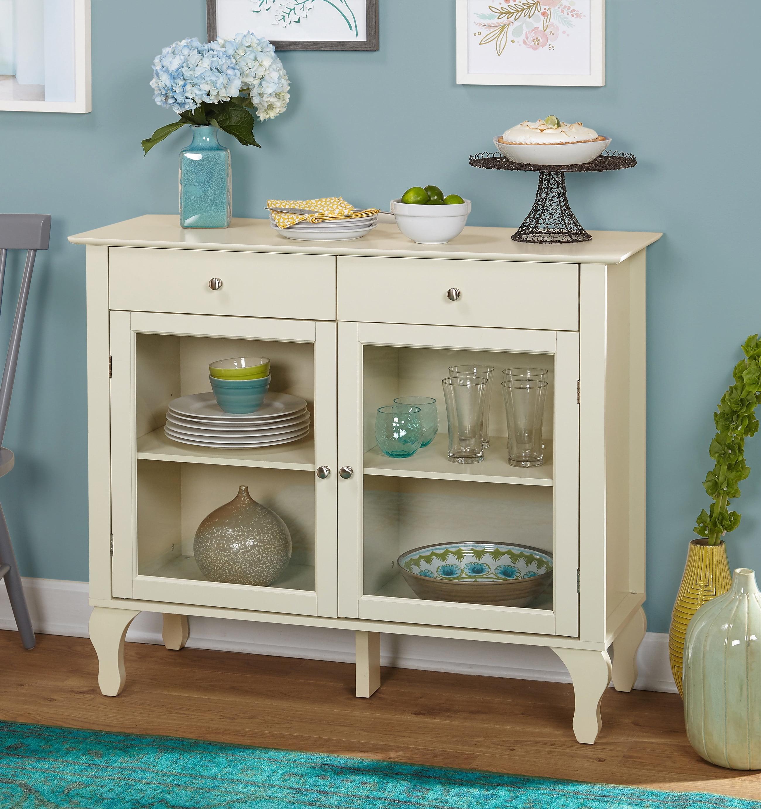 Petite Queen Anne Polished White Glass-Front Buffet with Storage