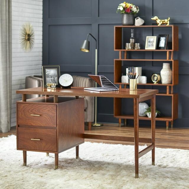 Buylateral Margo Mid Century Modern Desk Walnut: Mid-Century Modern, Pine Wood, Brass Tone Handles, 2 Drawers