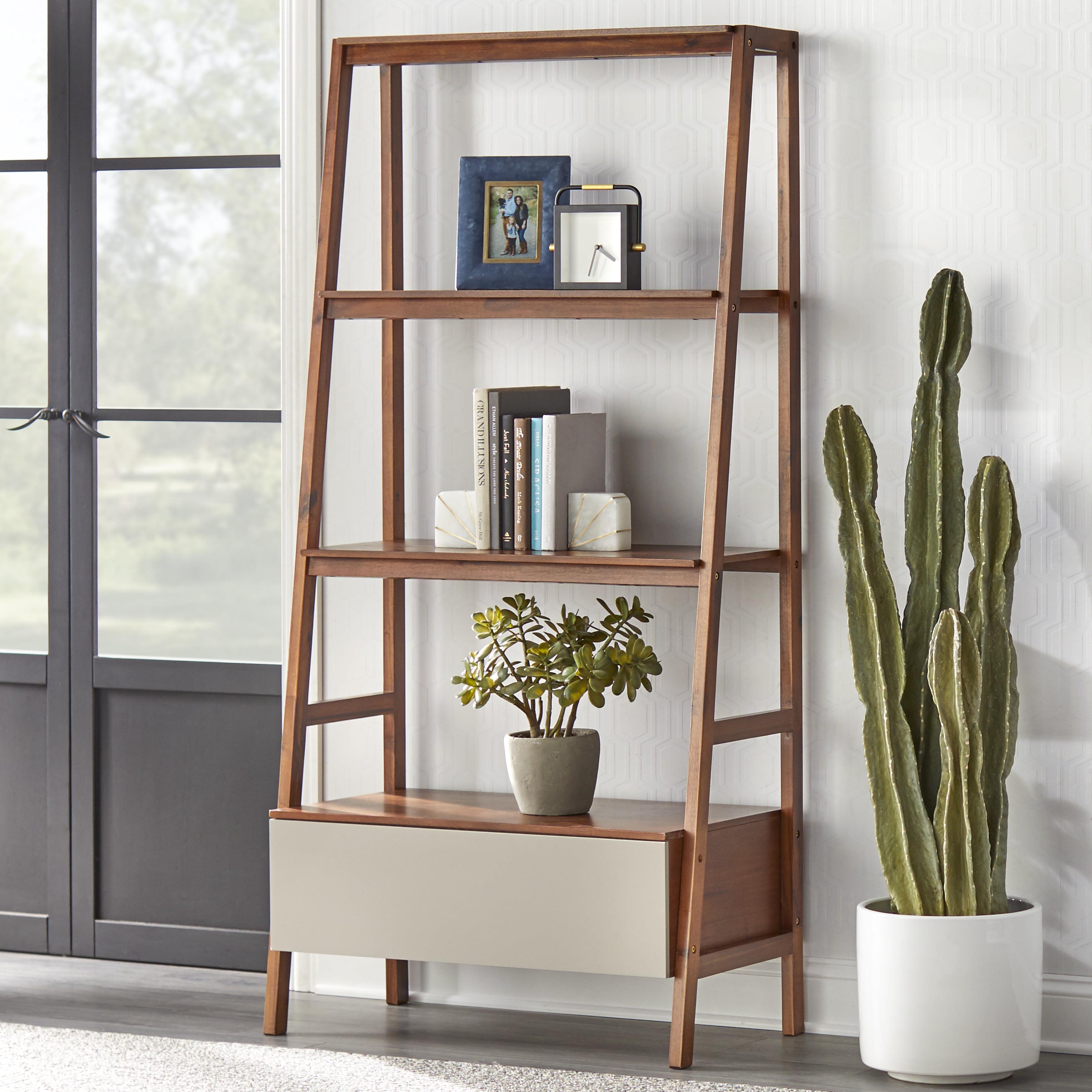 71" Nordic Ladder Shelf Walnut - Lifestorey: Mid-Century Modern Bookcase with Drawer, Open Back Design
