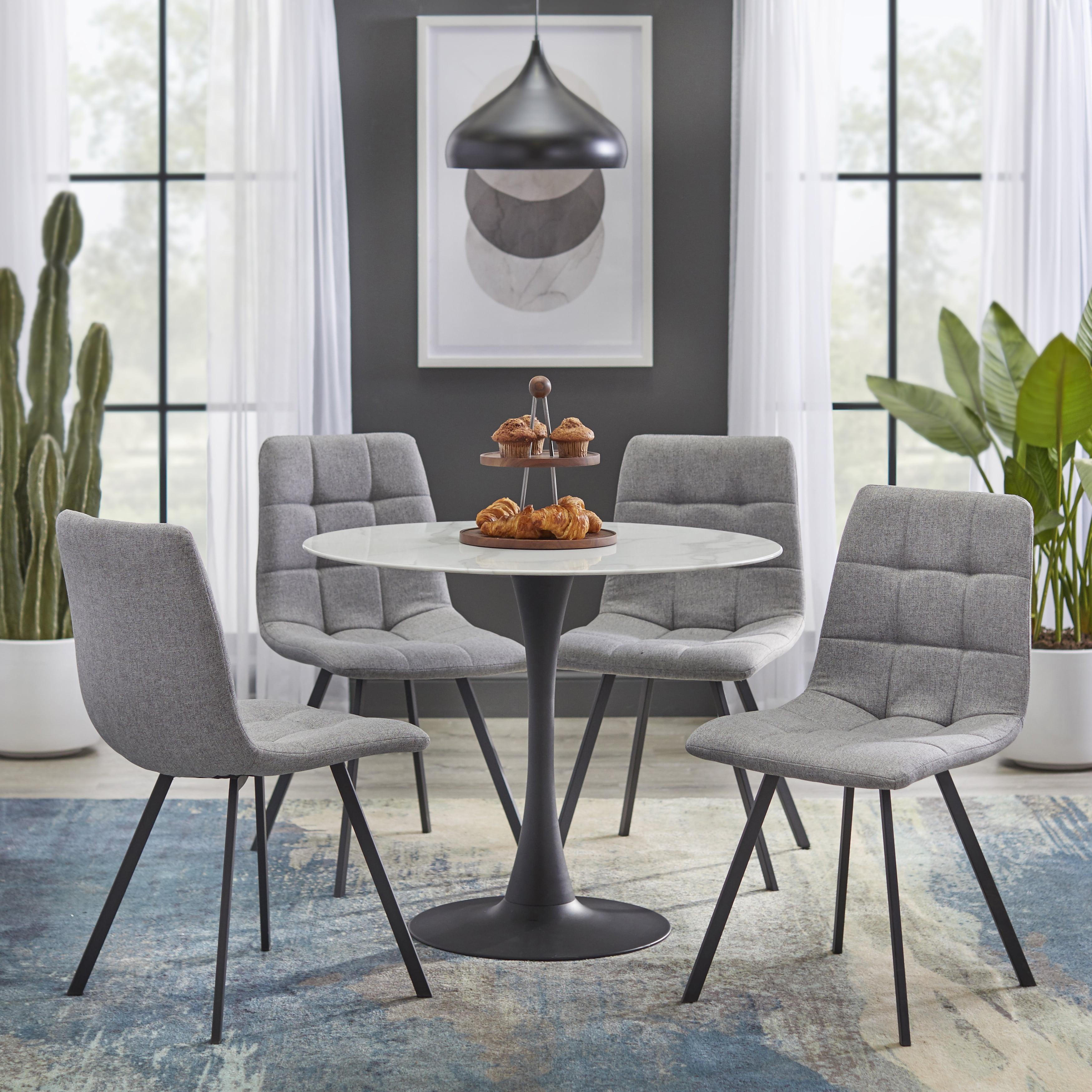 36" 5Pc Rho Round Dining Set Gray - Buylateral: Marble Look, Black Metal Base, 4 Upholstered Chairs