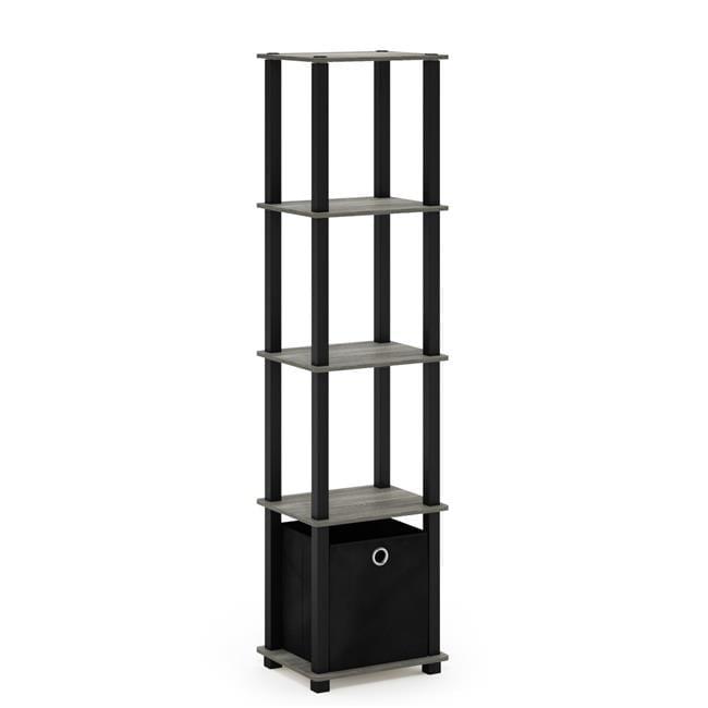 Furinno TNT No Tools 5-Tier Display Decorative Shelf with One Bin, French Oak Grey/Black/Black
