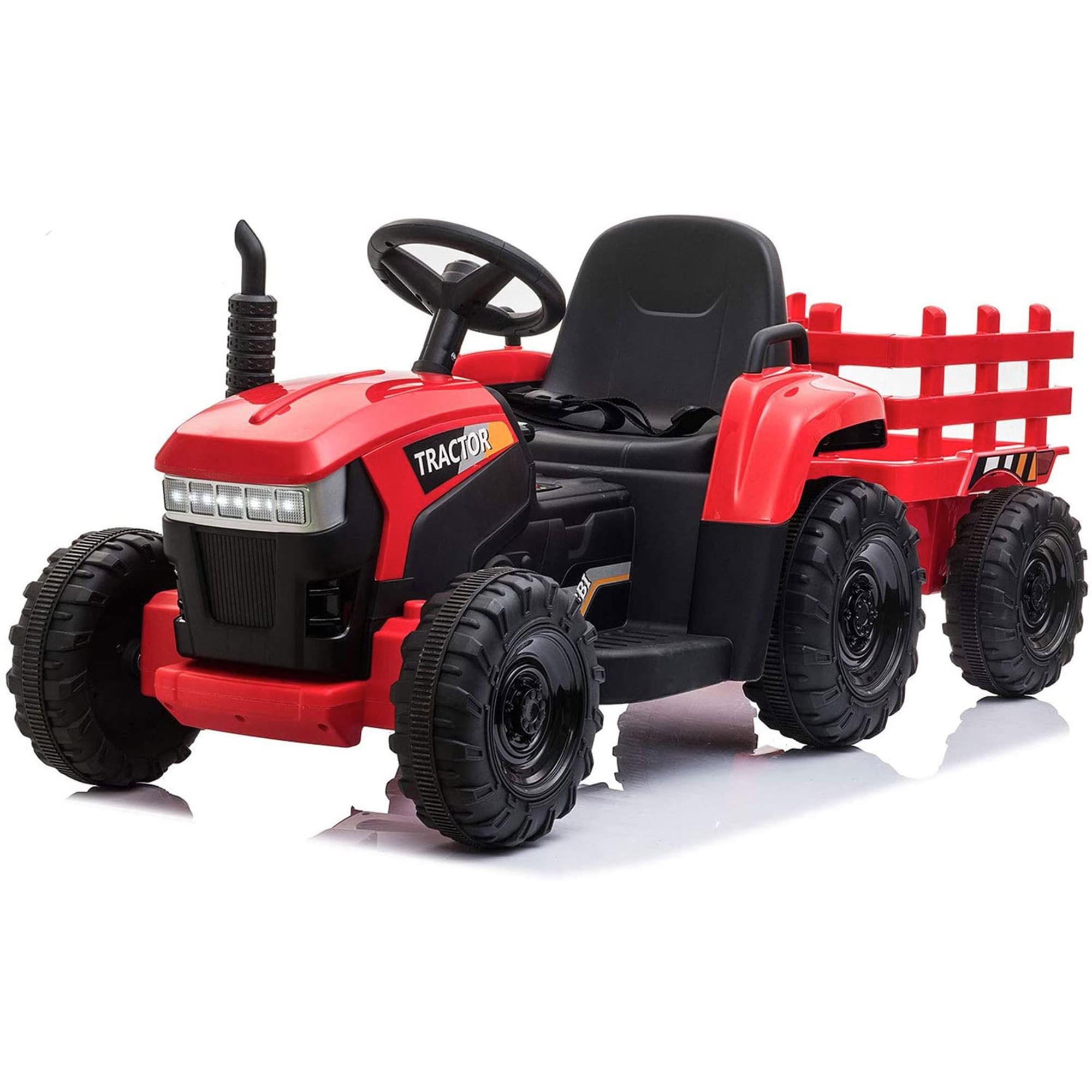 12V Kids Ride On Tractor with Trailer, Battery Powered Electric Car with Music, USB, Music, LED Lights