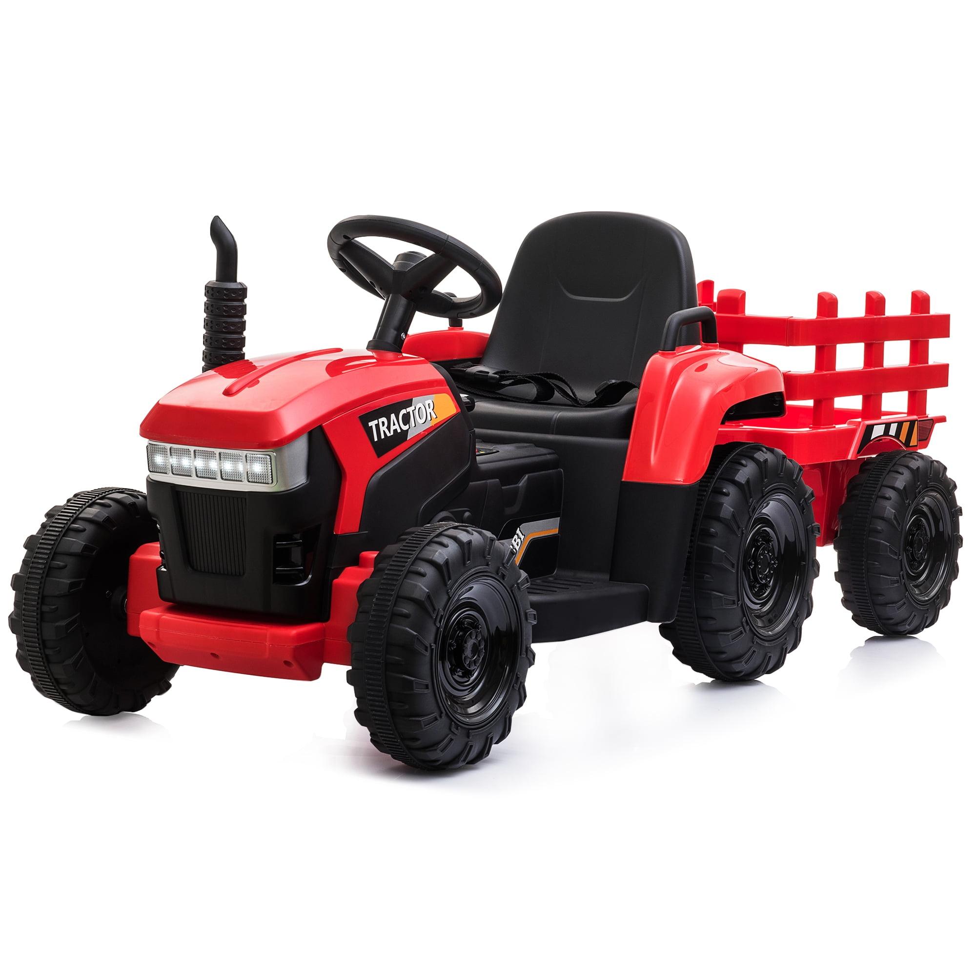 12V Kids Ride On Tractor with Trailer, Battery Powered Electric Car with Music, USB, Music, LED Lights