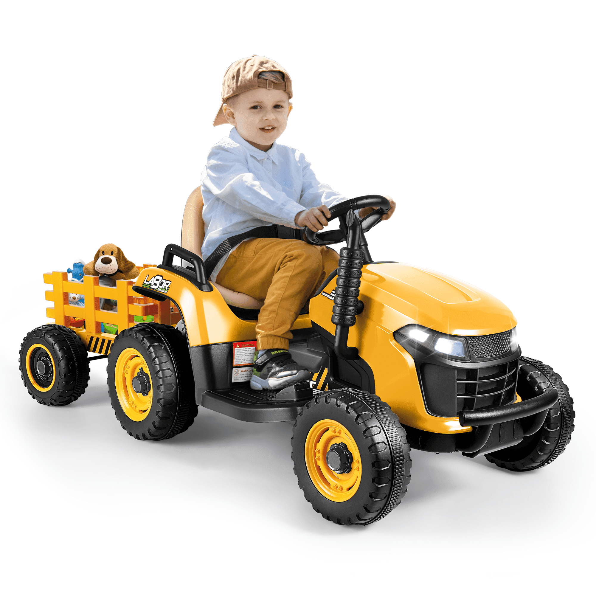 12V Yellow Ride-On Tractor with Detachable Trailer