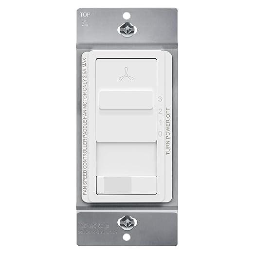 TOPGREENER Kalide 3-Speed Ceiling Fan Control Combo, in Wall Light and Fan Combination Switch, Single Pole, 2.5A, 720W, Neutral Wire Not Required, TGSFS3-W, White