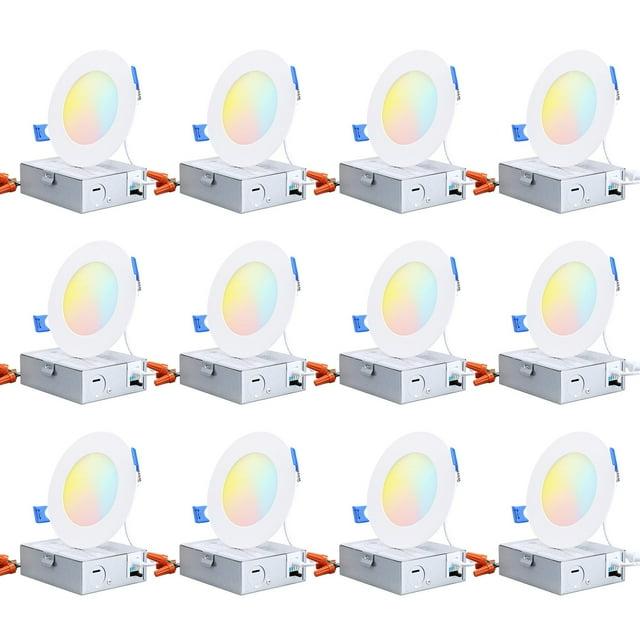 TORCHSTAR 12 Pack 4" 5CCT Dimmable LED Recessed Light with J-Box, 2700K/3000K/3500K/4000K/5000K Selectable, 10W LED Downlight, Aluminum, High Brightness, ETL & Energy Star