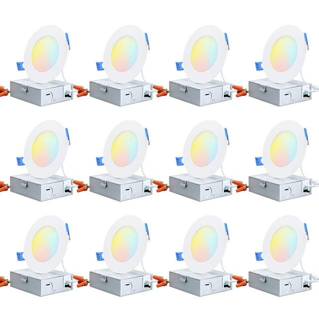 4" Slim Recessed Light with J-Box, CRI90 5CCT Ultra Thin LED Ceiling Downlight, Dimmable, ETL& ES