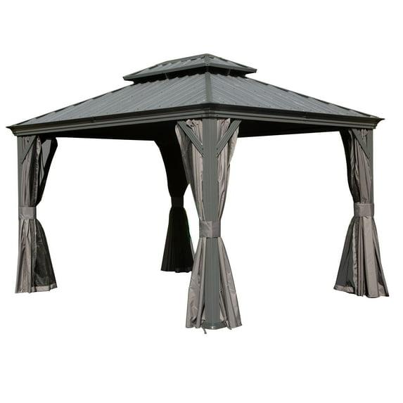 TOTAL Outdoor 10' x 12' Hardtop Gazebo, Galvanized Steel Double Roof Canopy W/Curtains and Netting, Drainage System, Sunshade for Deck, Lawns and Backyard, Gray.