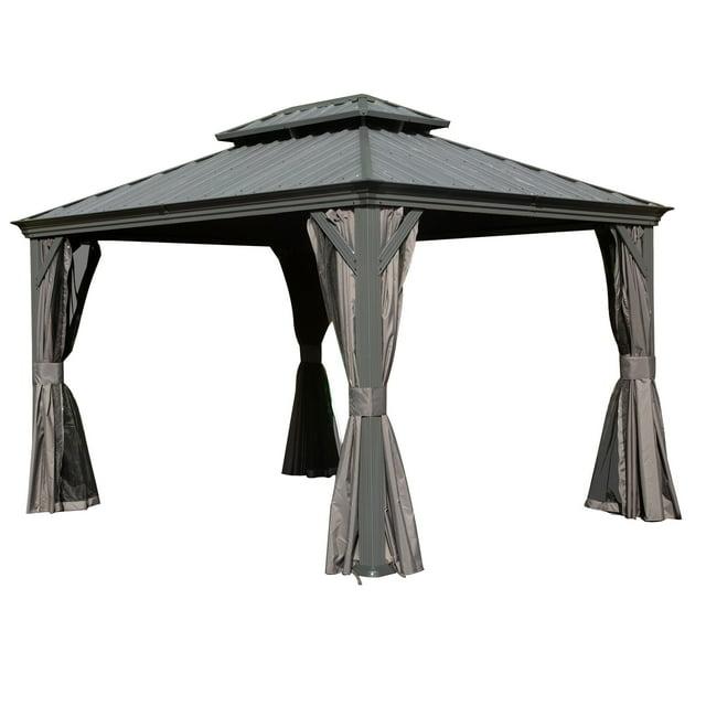 TOTAL Outdoor 10' x 12' Hardtop Gazebo, Galvanized Steel Double Roof Canopy W/Curtains and Netting, Drainage System, Sunshade for Deck, Lawns and Backyard, Gray.