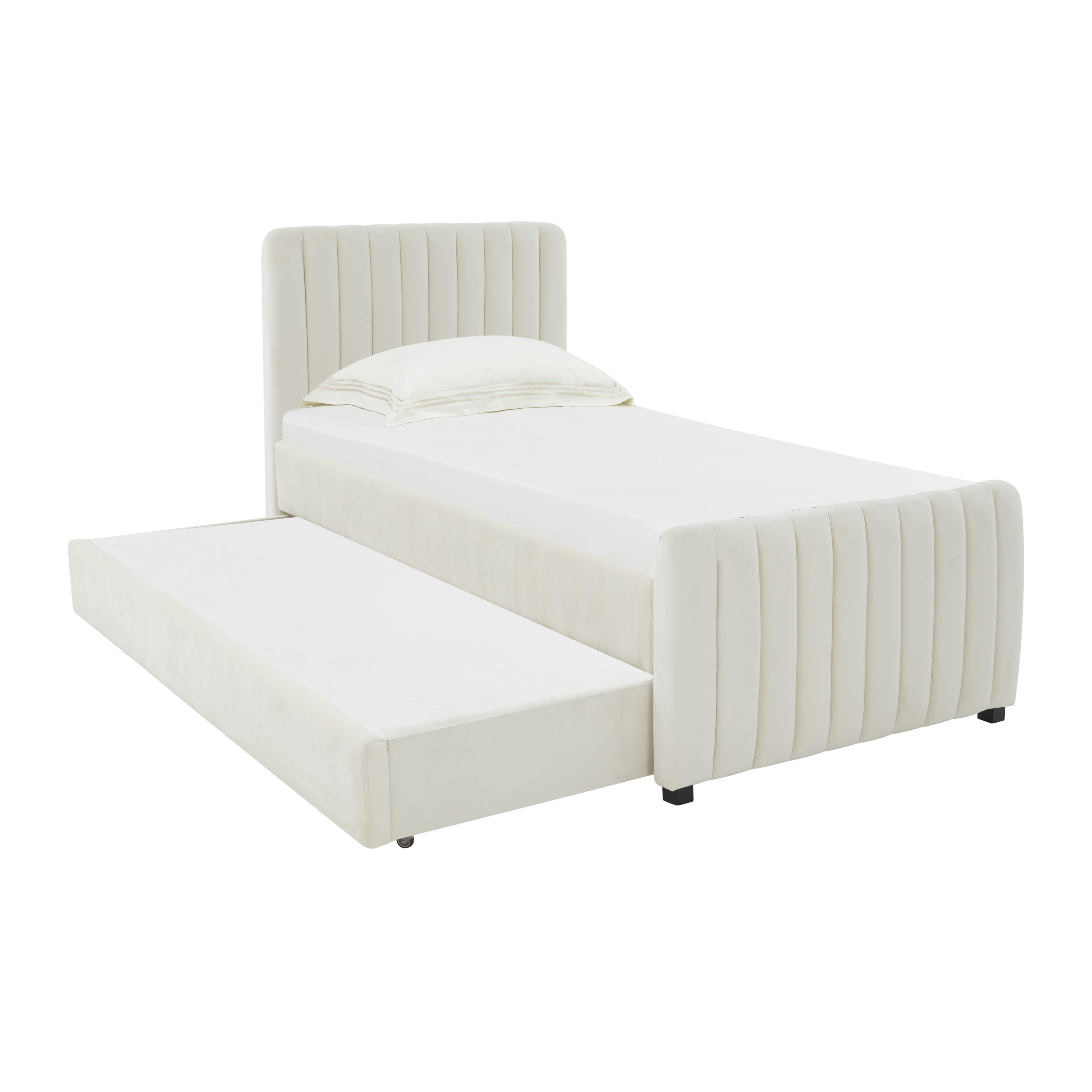 Off-White Velvet Twin Trundle Bed with Pine Frame