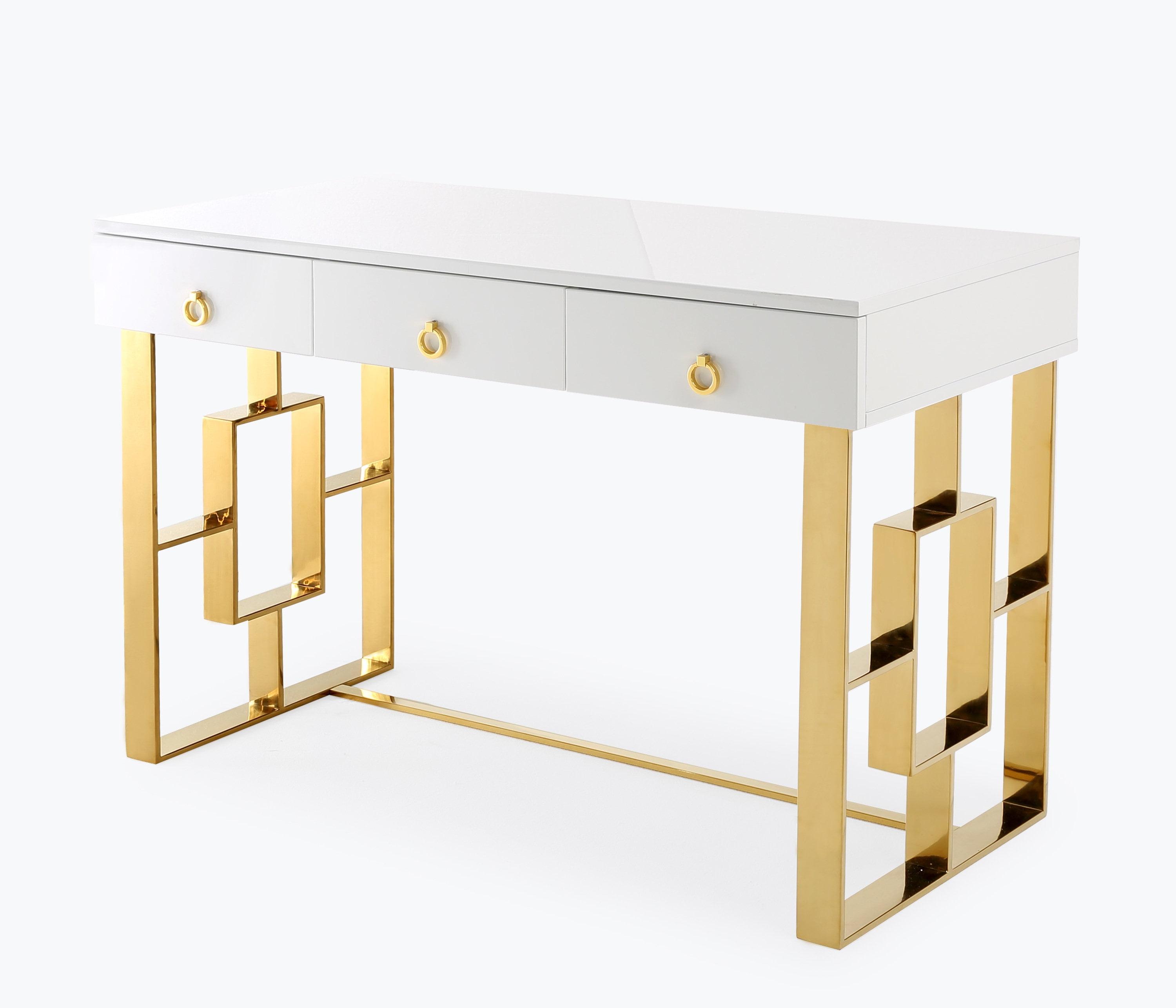 Modern White Lacquer Home Office Desk with Gold Geometric Base and Drawers