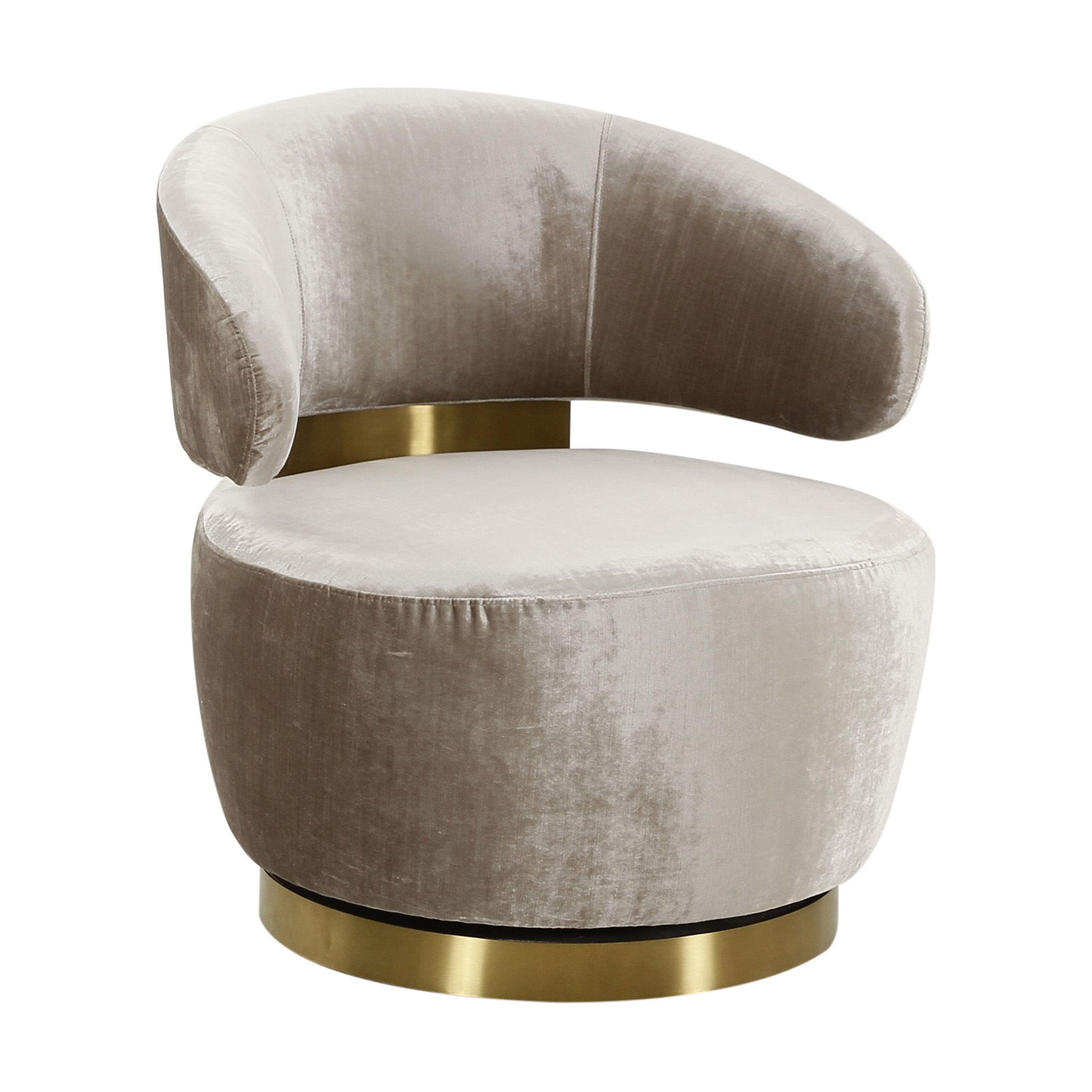 Champagne Velvet Swivel Chair with Wood Base