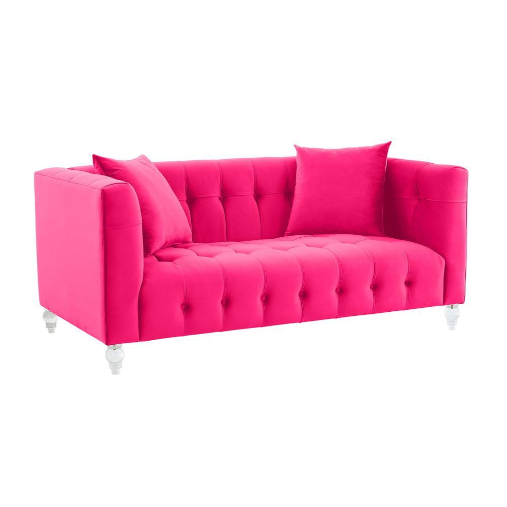 Hot Pink Velvet Tufted Loveseat with Lucite Legs