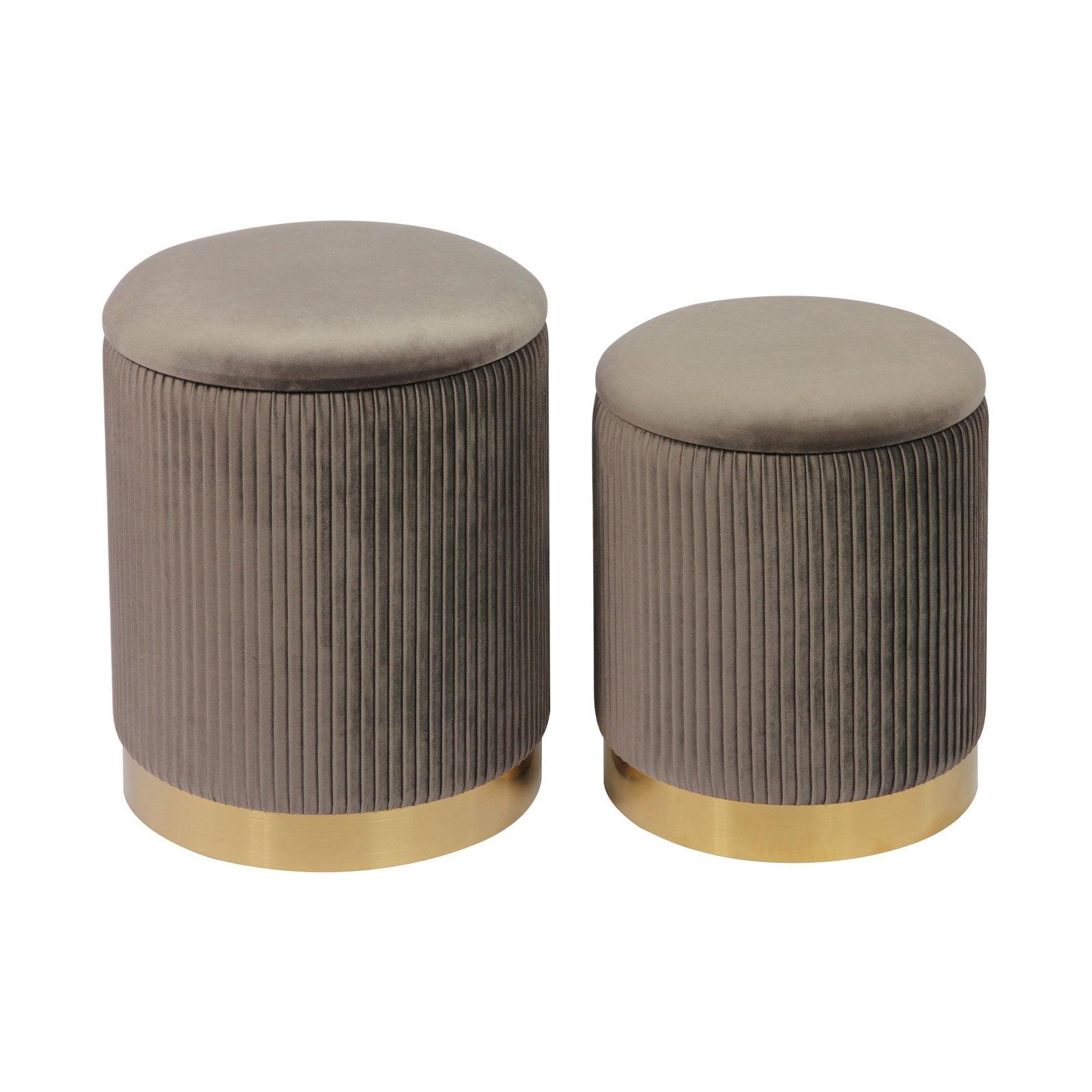 Contemporary Gray Velvet Round Storage Ottomans, Set of 2