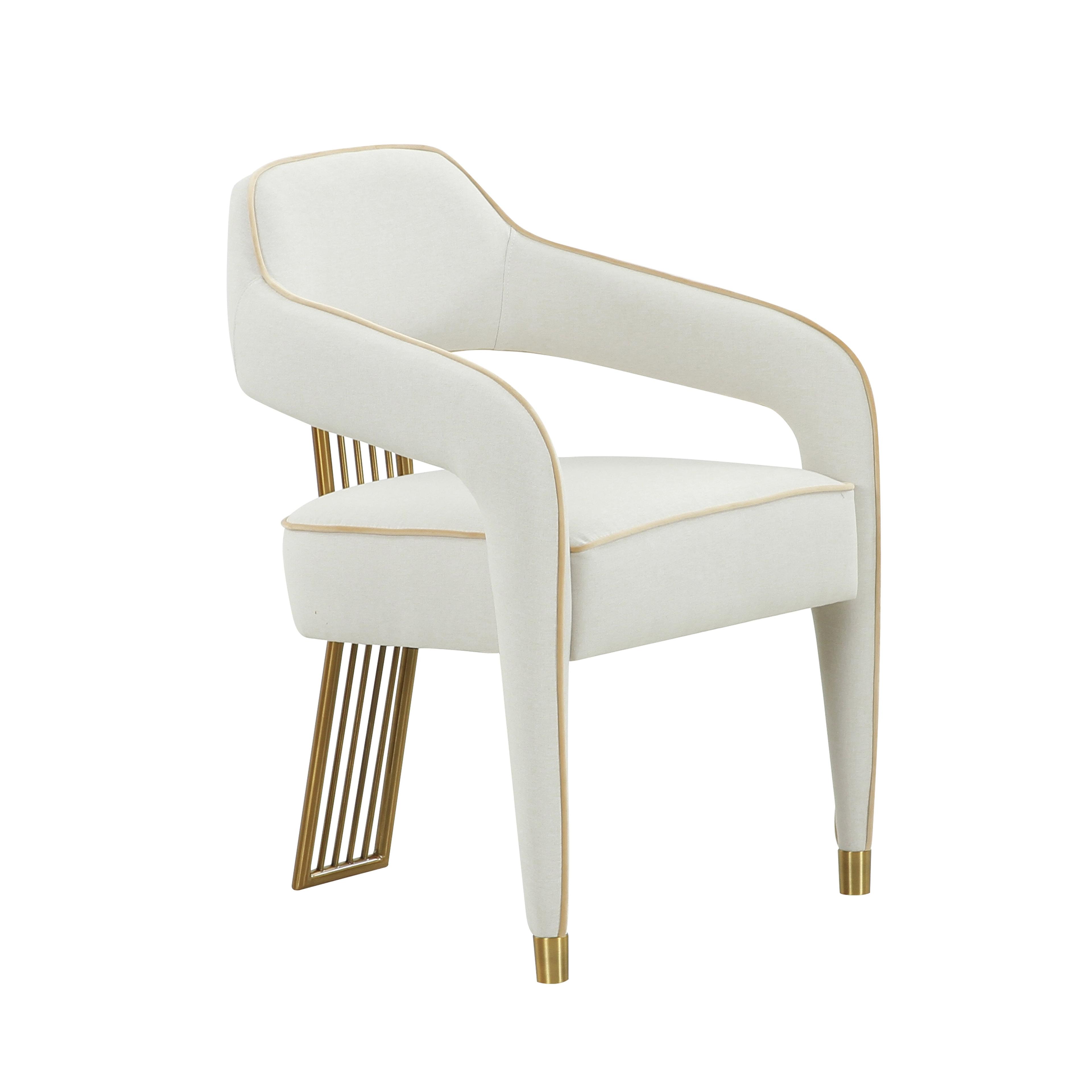 Elegant Cream Linen Upholstered Dining Armchair with Gold Metal Accents