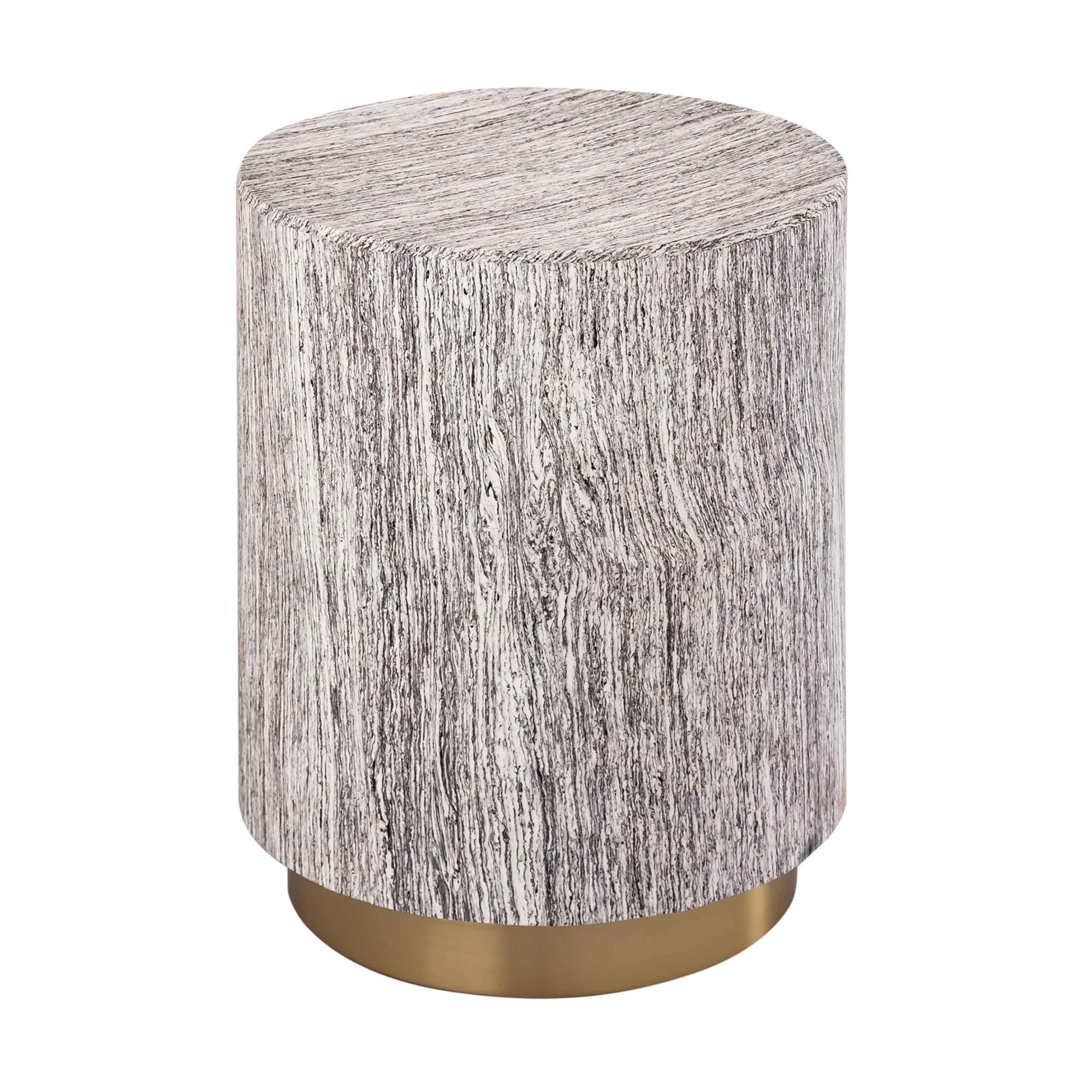 Gray Wood and Gold Drum Shape Side Table