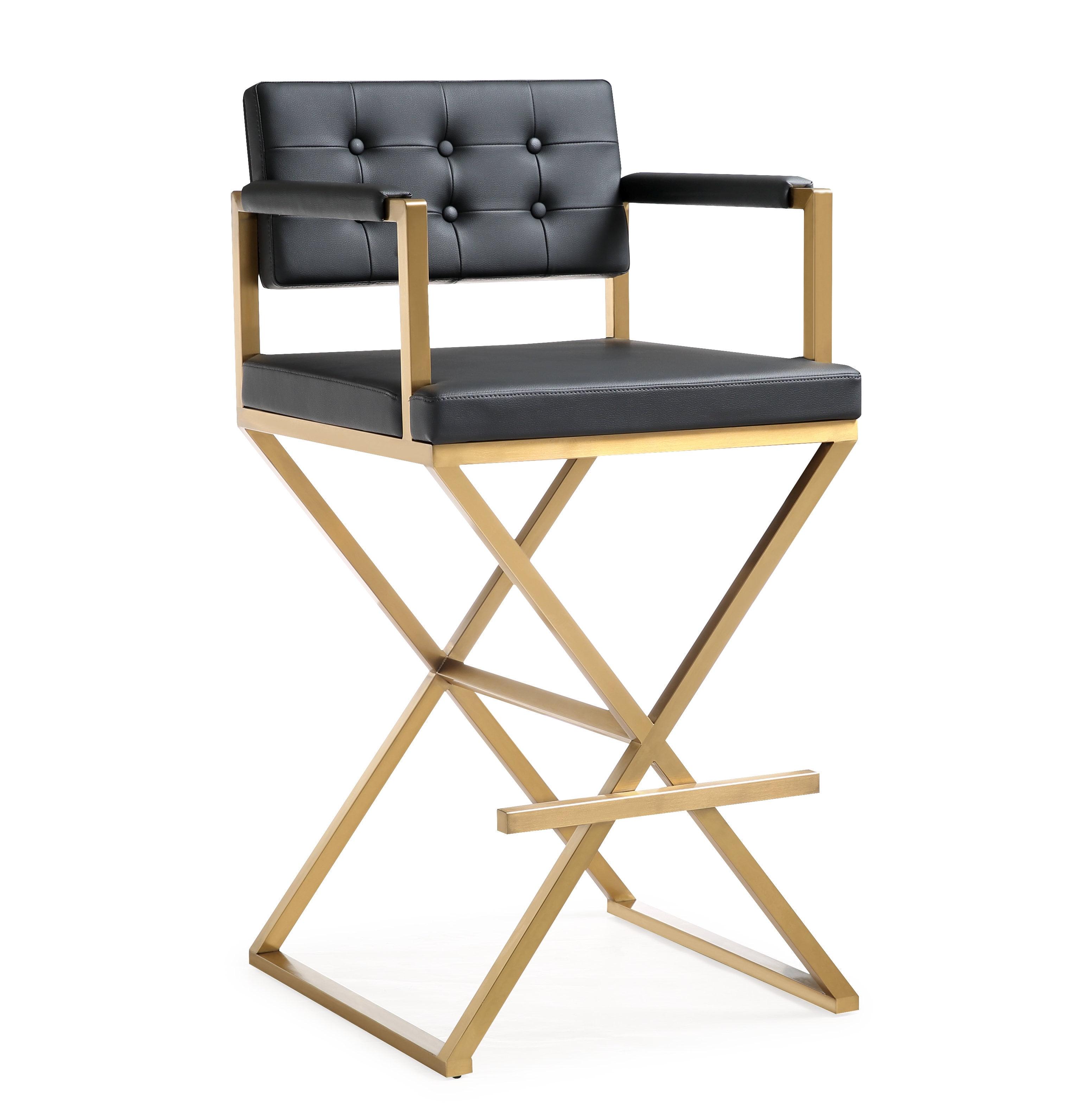 Lux Hollywood Glam Black Vegan Leather Barstool with Stainless Steel X-Base