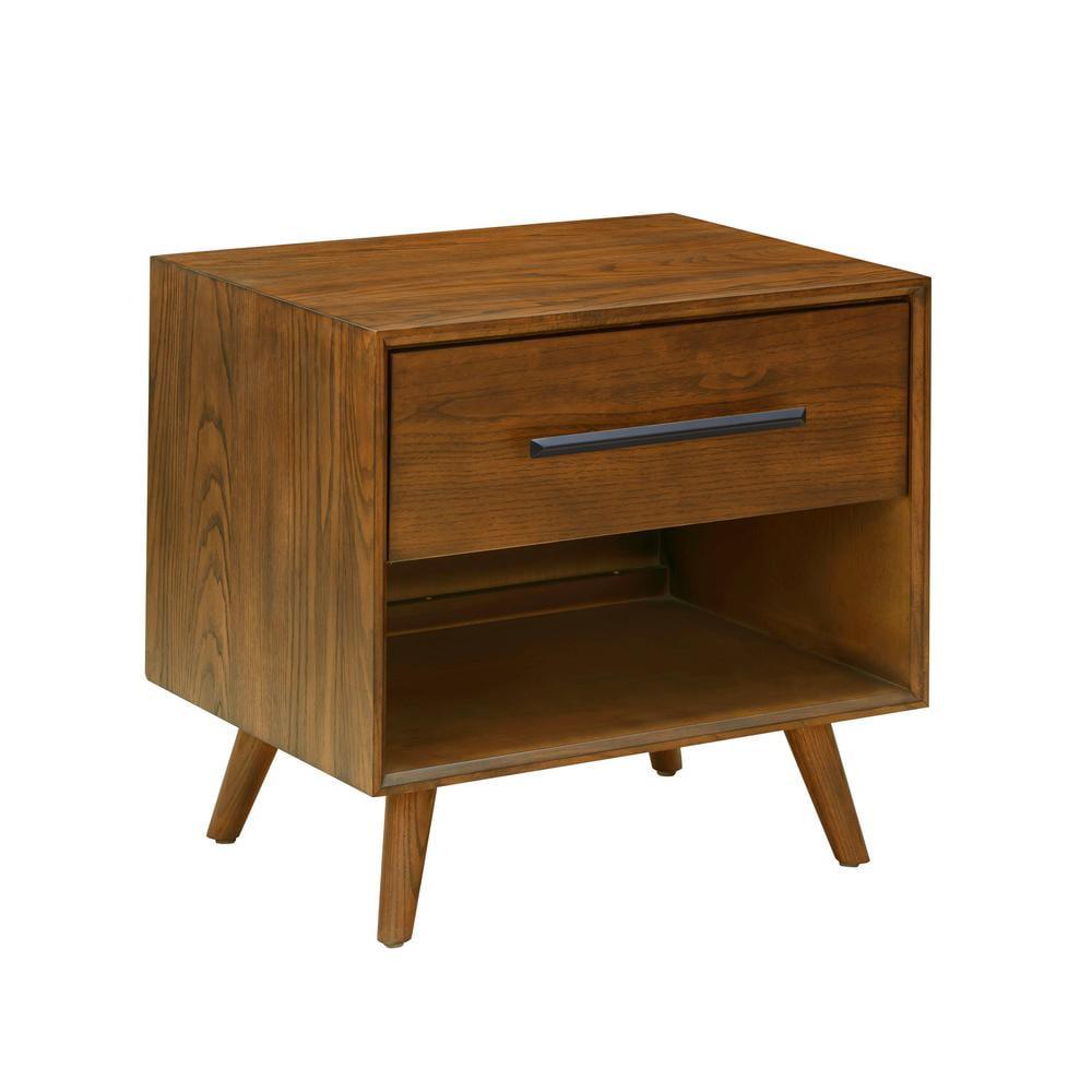 Emery Pecan Brown Mid-Century Modern Nightstand with Drawer