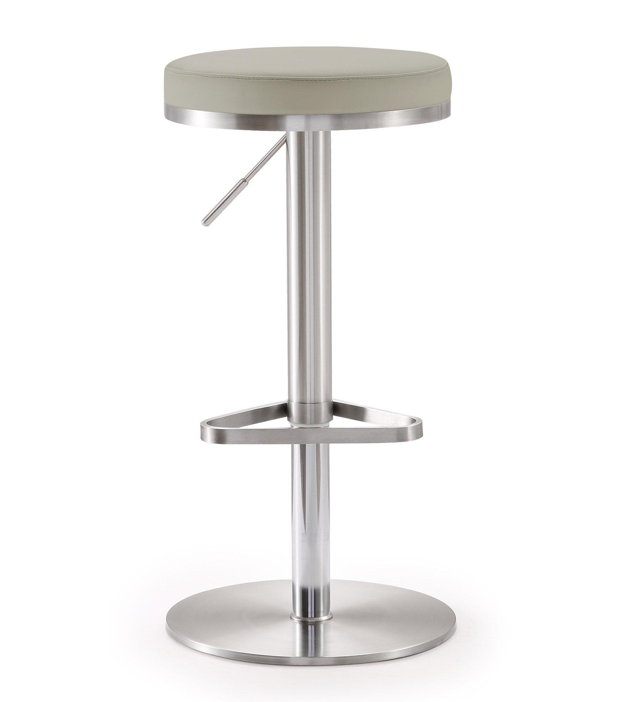 Light Grey Adjustable Leather Bar Stool with Stainless Steel