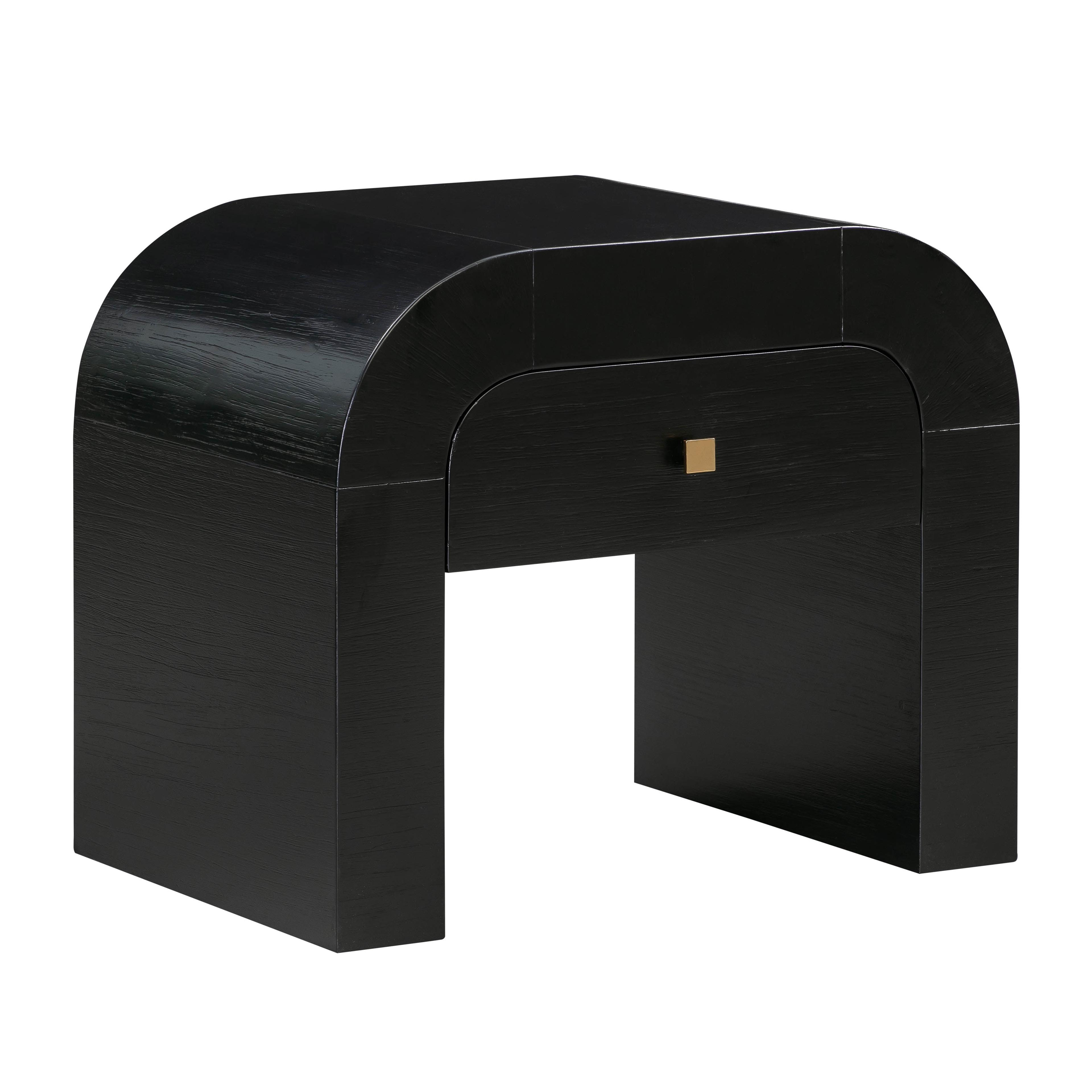 Modern Acacia Black Nightstand with Rounded Silhouette and Gold Accents