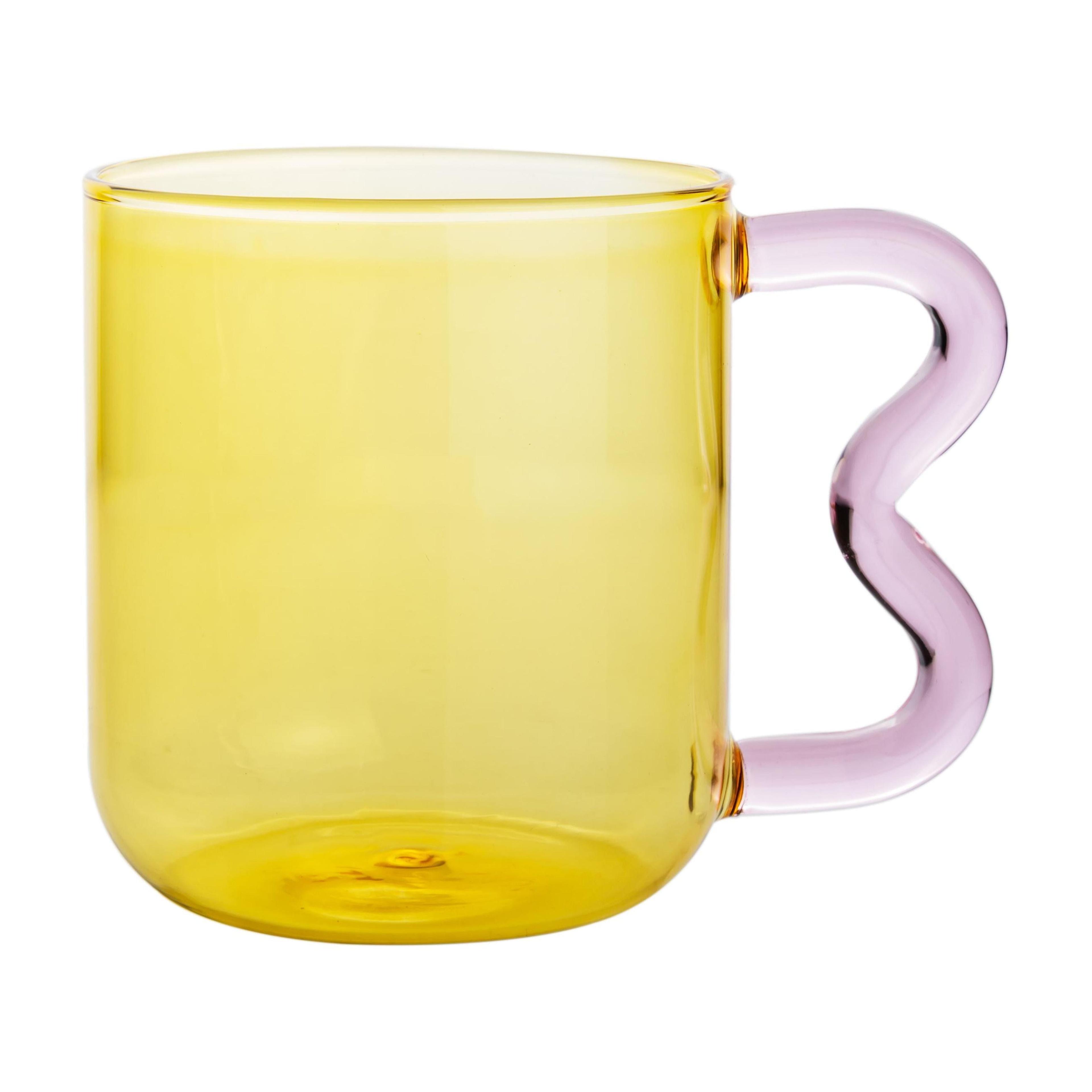 Amber and Pink Glass Water Cups with Squiggle Handle - Set of 4