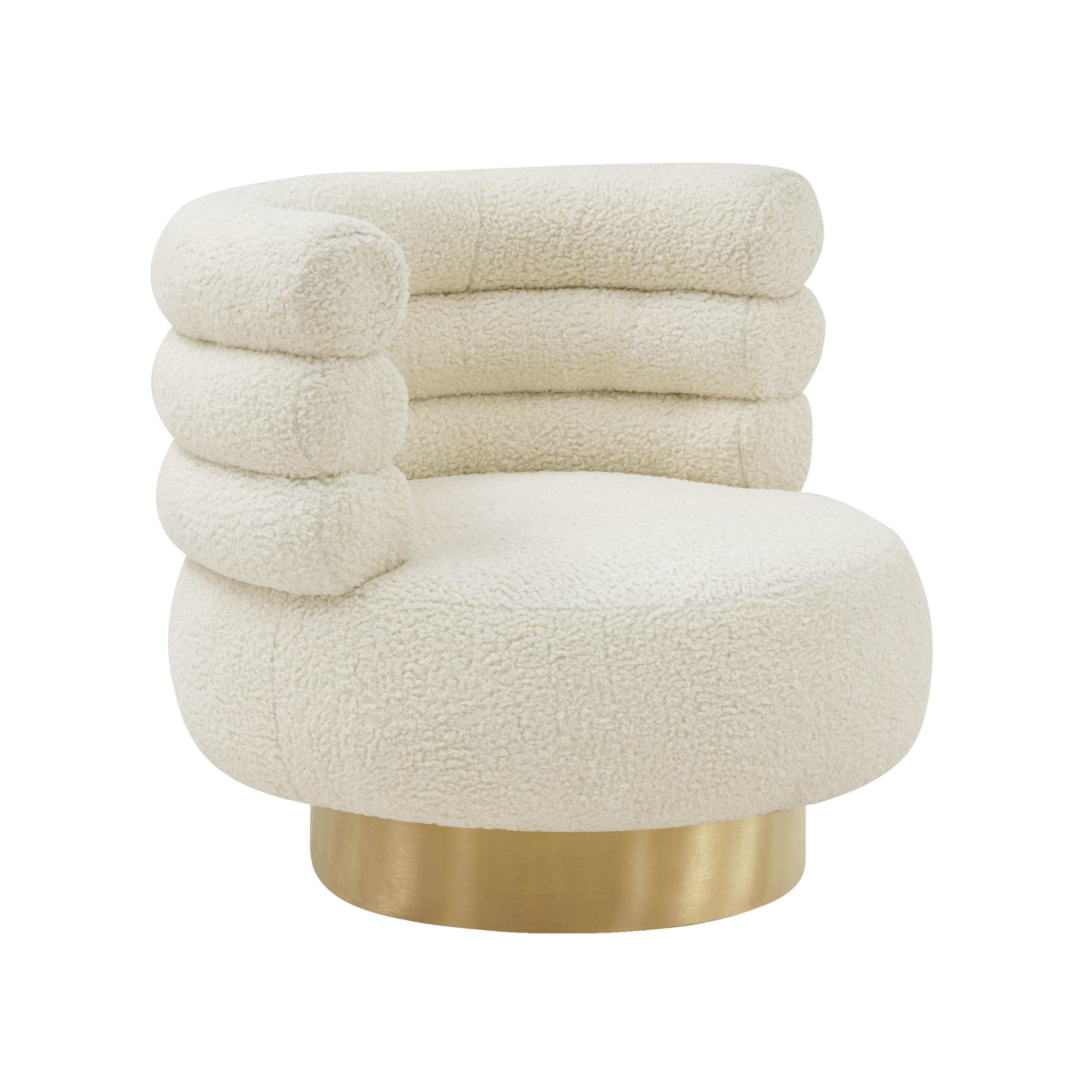 Cream Faux Shearling Swivel Chair with Gold Base